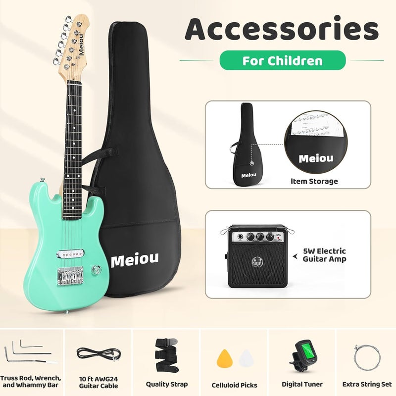 Miou 30 Inch Kids Electric Guitar Beginner Kits ST Style Mini Electric Guitar withAmp,Bag,Tuner, Picks, Cable, Strap, Strings (Green) - Image 2